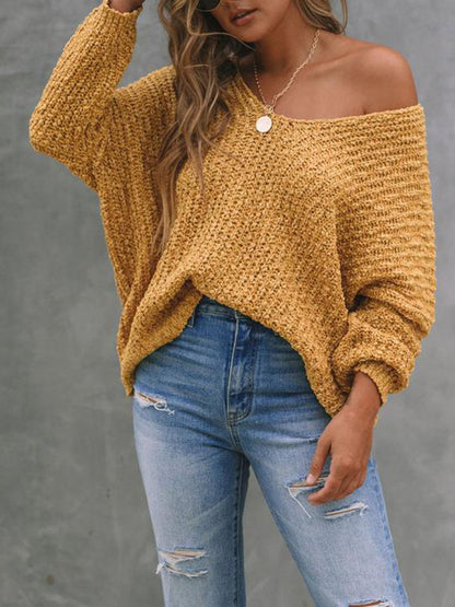 xakxx Long Sleeves Loose Solid Color V-Neck Knitwear Pullovers Sweater Tops