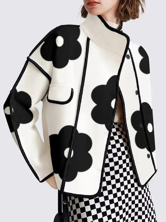 xakxx Long Sleeves Loose Contrast Color Flower Print Split-Joint Stand Collar Jackets Outerwear Woolen Coat