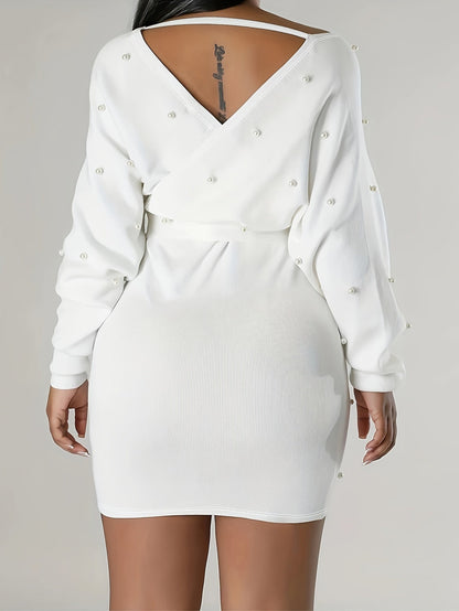 Beaded Bodycon Dress, Casual Long Sleeve Solid Off Shoulder Dress, Women's Clothing