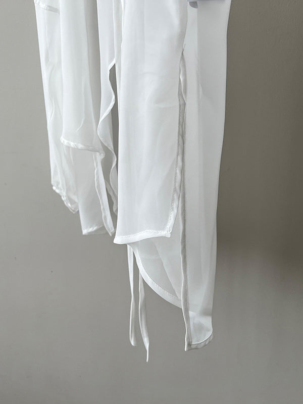 xakxx Bishop Sleeve Long Sleeves See-Through Split-Joint Tied Collarless Blouses&Shirts Tops