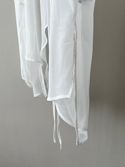 xakxx Bishop Sleeve Long Sleeves See-Through Split-Joint Tied Collarless Blouses&Shirts Tops