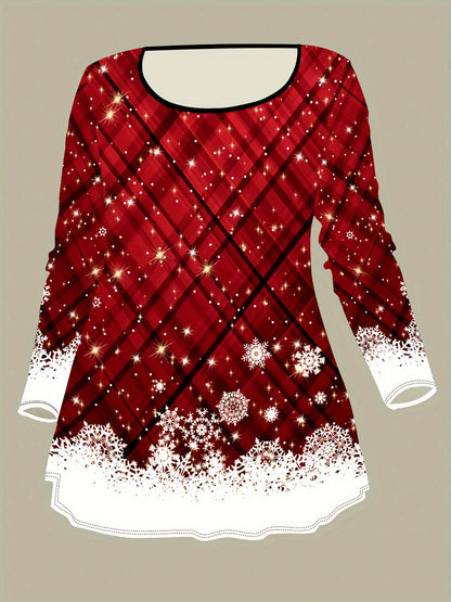 Elegant Plus Size Women's Christmas Snowflake Print Outfit - Long Sleeve Round Neck Top & Pants Set, Stretchy Polyester Blend, Machine Washable