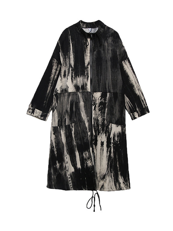 xakxx Long Sleeves Loose Drawstring Split-Joint Zipper Round-Neck Trench Coats