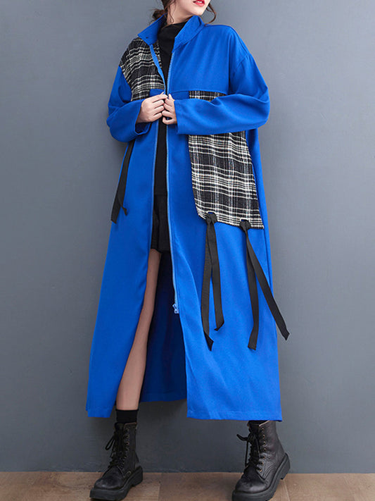 xakxx Original Long Sleeves Loose Contrast Color Plaid Split-Joint Zipper Stand Collar Outerwear