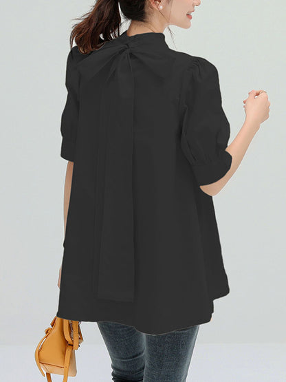 xakxx Casual Loose Bow-Embellished Solid Color Blouse