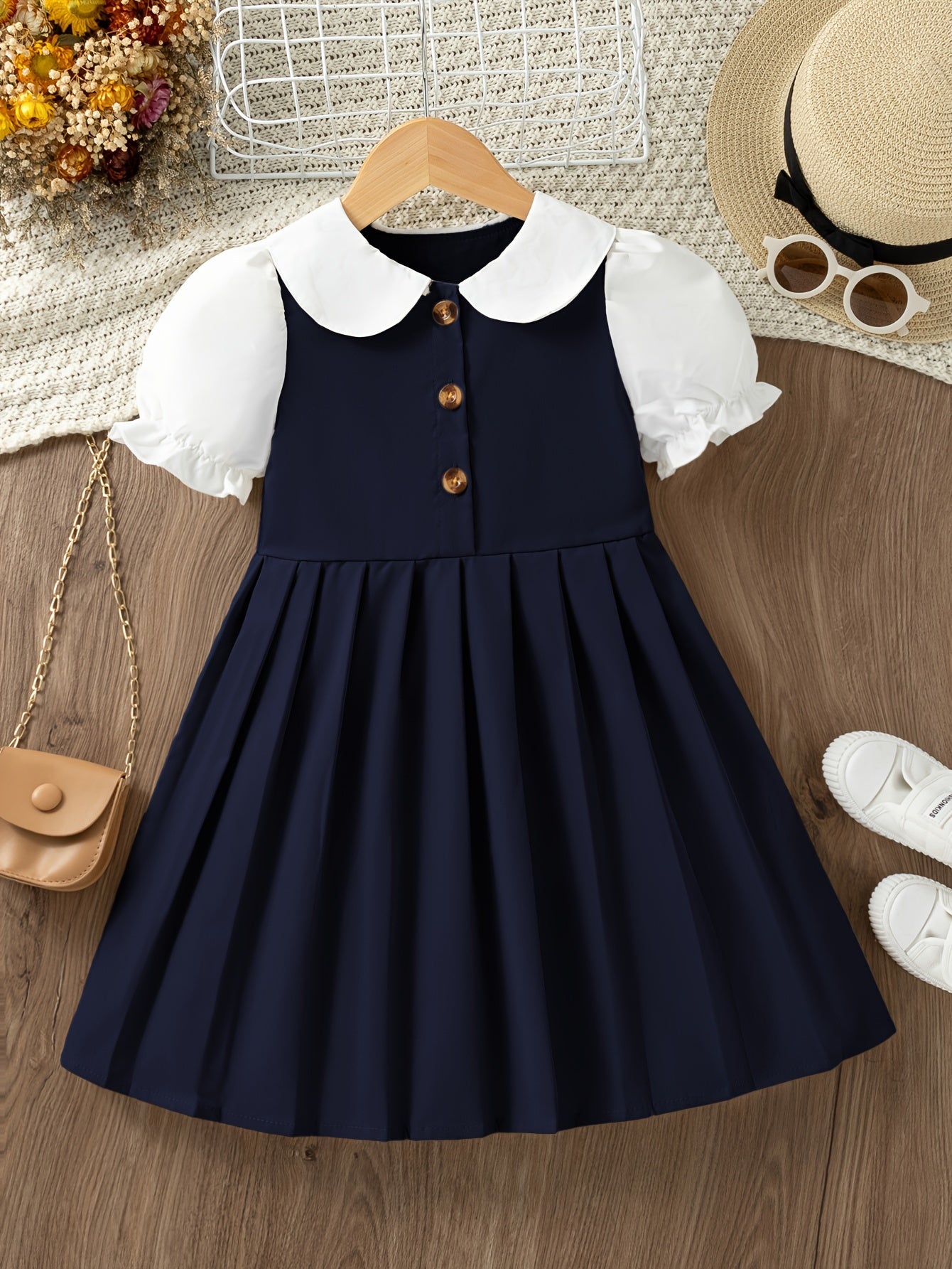 Elegant Girls Preppy Style Doll Collar Pleated Dress - Non-Stretch Polyester Fabric, Machine Washable, Solid Color, A-Line Fit, Perfect for School Uniform or Summer Casual Wear, Easy Care Instructions Included