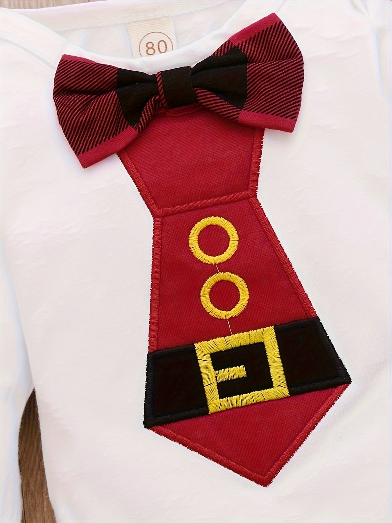 2pcs Baby Boys Christmas Gentlemen's Letter Embroidered Jumpsuit&Santa Claus Head Letter Embroidered Checkered Backband Pants Set