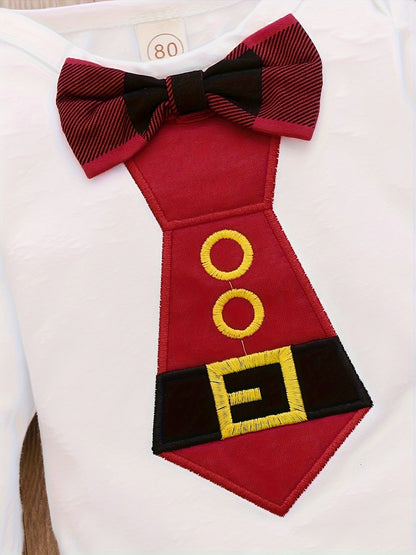 2pcs Baby Boys Christmas Gentlemen's Letter Embroidered Jumpsuit&Santa Claus Head Letter Embroidered Checkered Backband Pants Set