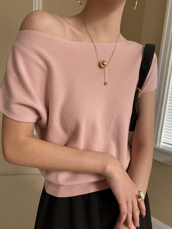 xakxx Stylish Loose Solid Color Boat Neck Knitwear Pullovers Tops