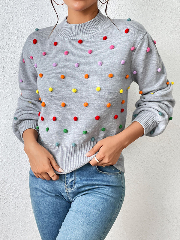 xakxx Long Sleeves Loose Pompom Triming Round-Neck Knitwear Pullovers Sweater Tops