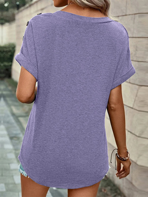 xakxx Loose Short Sleeves Buttoned Solid Color V-Neck T-Shirts Tops