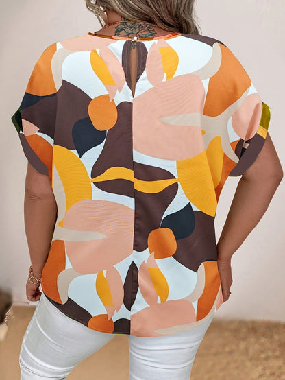 Plus Size Color Block Print Vacation Blouse - Crew Neck, Non-Stretch Polyester, Random Print, Short Sleeve, Woven, Elegant and Comfortable for Spring and Summer - Womens Plus Size Clothing for Vacation and Daily Wear