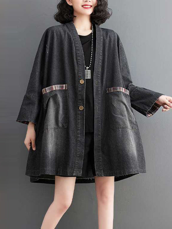 xakxx Long Sleeves Loose Buttoned Plaid Pockets Split-Joint V-Neck Denim Outerwear