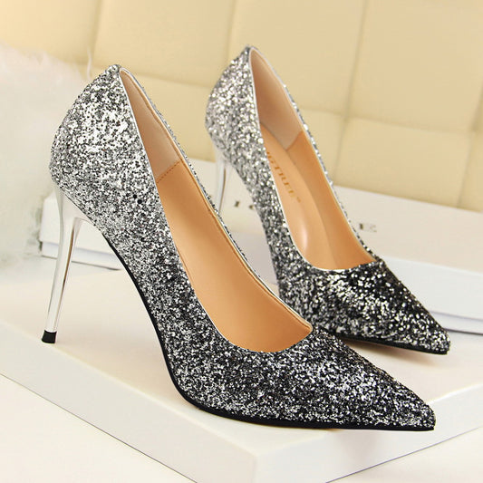 2025 9219-10  style women's shoes high heels light mouth pointed head sexy and thin nightclub color gradual change sequined single shoes
