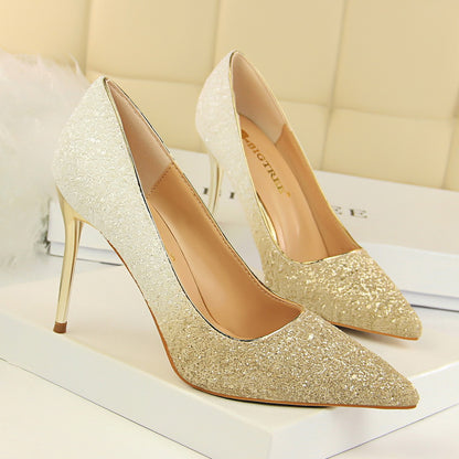 2025 9219-10  style women's shoes high heels light mouth pointed head sexy and thin nightclub color gradual change sequined single shoes