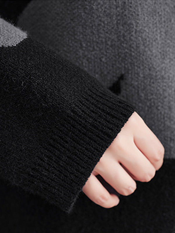 xakxx Casual Loose Long Sleeves Contrast Color Jacquard Round-Neck Sweater Tops