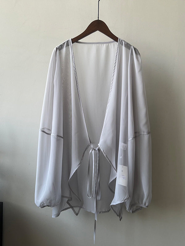 xakxx Bishop Sleeve Long Sleeves See-Through Split-Joint Tied Collarless Blouses&Shirts Tops