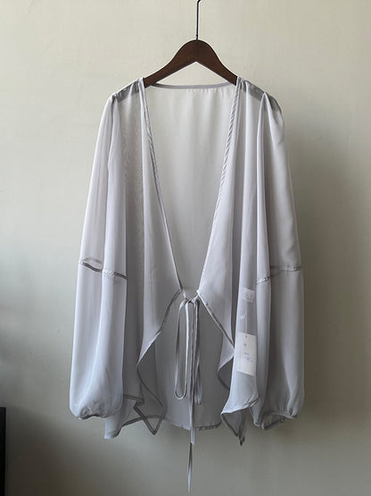 xakxx Bishop Sleeve Long Sleeves See-Through Split-Joint Tied Collarless Blouses&Shirts Tops