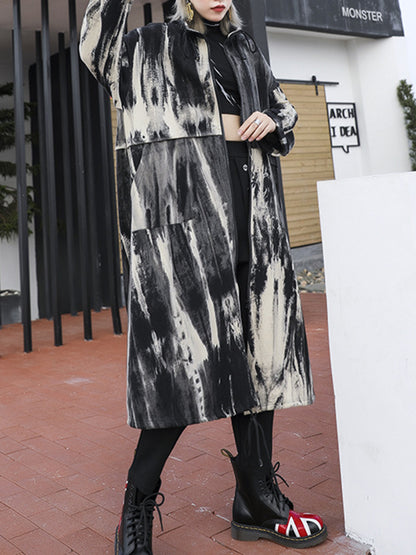 xakxx Long Sleeves Loose Drawstring Split-Joint Zipper Round-Neck Trench Coats