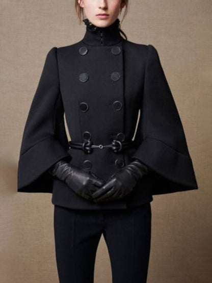xakxx Flared Buttoned Solid Color High Neck Jackets&Coats Outerwear Woolen Coat