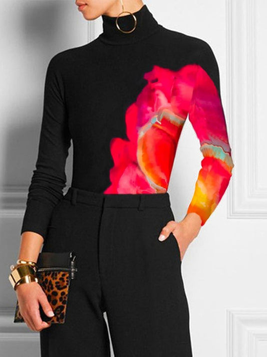 xakxx Long Sleeves Skinny Contrast Color Printed High Neck T-Shirts