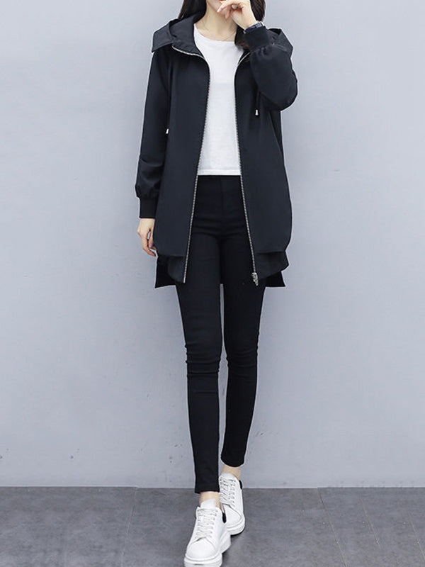 xakxx Casual Loose 4 Colors Pleated Zipper Hooded Long Sleeves Outwear