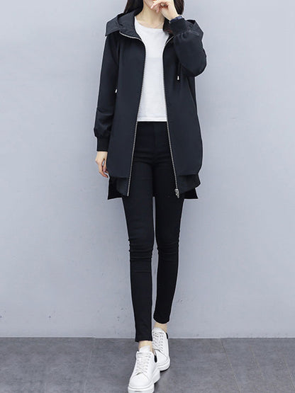 xakxx Casual Loose 4 Colors Pleated Zipper Hooded Long Sleeves Outwear