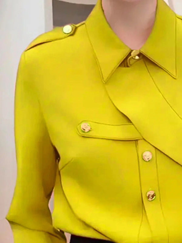 xakxx Long Sleeves Loose Asymmetric Buttoned Lapel Blouses&Shirts Tops