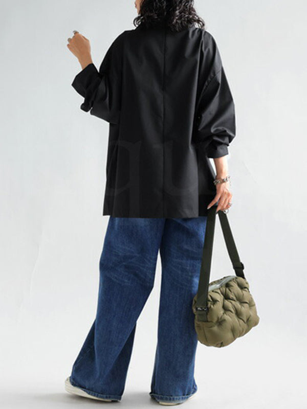 xakxx Long Sleeves Loose Solid Color High Neck T-Shirts Tops