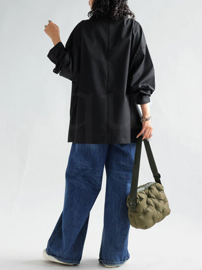 xakxx Long Sleeves Loose Solid Color High Neck T-Shirts Tops