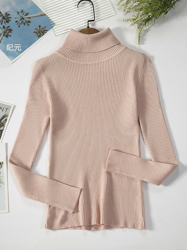 xakxx Simple Skinny Solid Color High-Neck Sweater Tops