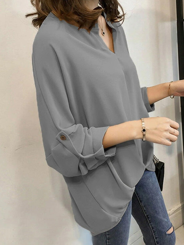 xakxx Casual Long Sleeves Loose Solid Color V-Neck Blouses&Shirts Tops