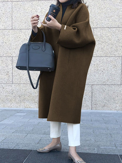 xakxx Long Sleeves Loose Solid Color Collarless Woolen Coat