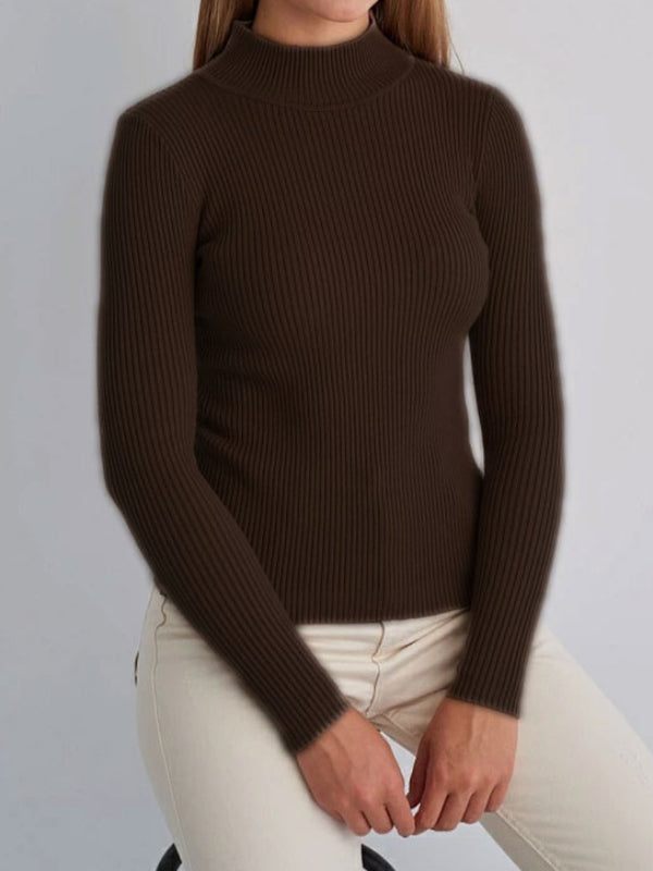xakxx Long Sleeves Skinny Solid Color Split-Joint High Neck Sweater Tops