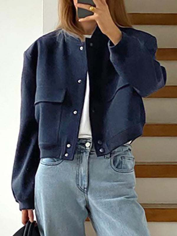 xakxx Long Sleeves Loose Buttoned Pockets Solid Color Round-Neck Jackets Outerwear