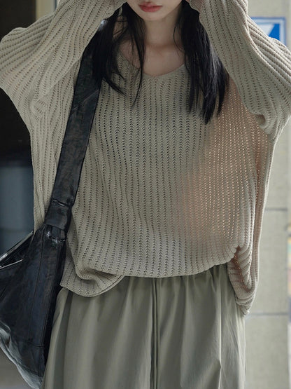 xakxx Long Sleeves Loose Solid Color V-Neck Pullovers Sweater Tops