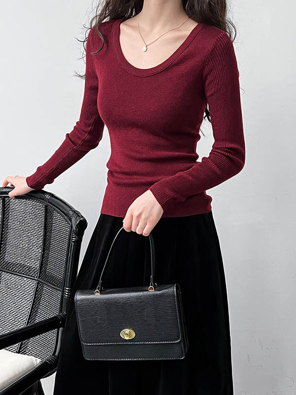 xakxx Long Sleeves Skinny Solid Color Split-Joint U-Neck T-Shirts
