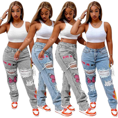 Women's Jeans Designer Fashion Luxury Top Quality S Women Jeans Heart Print Denim Cut Out Distressed For Baddie Clothes Streetwear High Waist Baggy Pants Blue