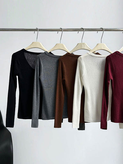 xakxx Long Sleeves Skinny Solid Color Split-Joint U-Neck T-Shirts
