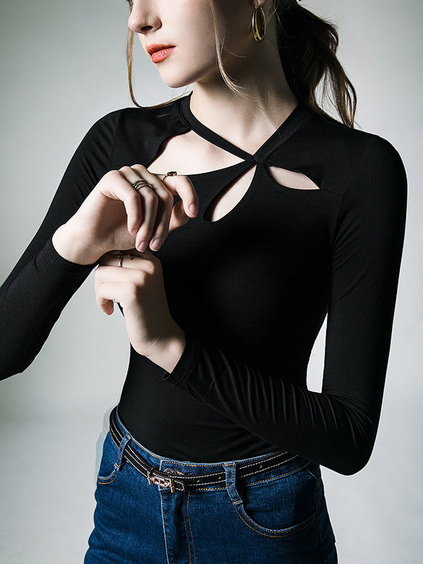 xakxx Long Sleeves Skinny Hollow Solid Color Asymmetric Collar T-Shirts Tops