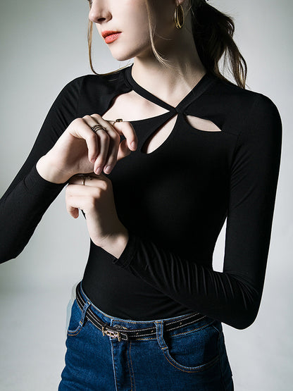 xakxx Long Sleeves Skinny Hollow Solid Color Asymmetric Collar T-Shirts Tops