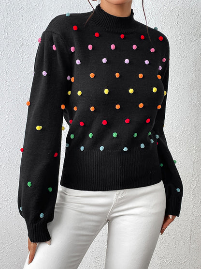 xakxx Long Sleeves Loose Pompom Triming Round-Neck Knitwear Pullovers Sweater Tops