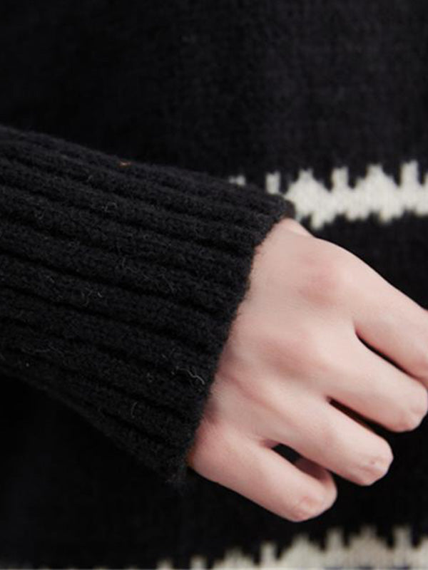 xakxx Casual Loose Long Sleeves Striped Round-Neck Sweater Tops