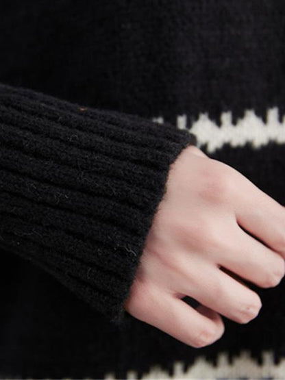 xakxx Casual Loose Long Sleeves Striped Round-Neck Sweater Tops
