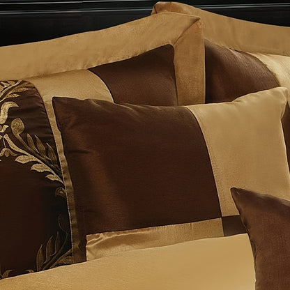 7 Piece Classic Embroidery Comforter Set King/Queen- Chocolate And Gold Faux Silk Fabric Embroideried-1 Comforter, 2 Shams, 3 Decorative Pillows, 1 Bedskirt