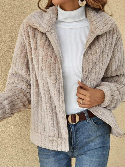xakxx Long Sleeves Plus Size Solid Color Velvet Zipper Lapel Outerwear