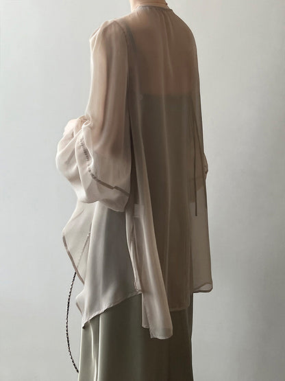 xakxx Bishop Sleeve Long Sleeves See-Through Split-Joint Tied Collarless Blouses&Shirts Tops