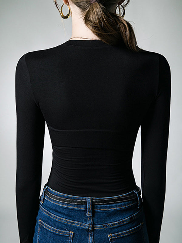 xakxx Long Sleeves Skinny Hollow Solid Color Asymmetric Collar T-Shirts Tops