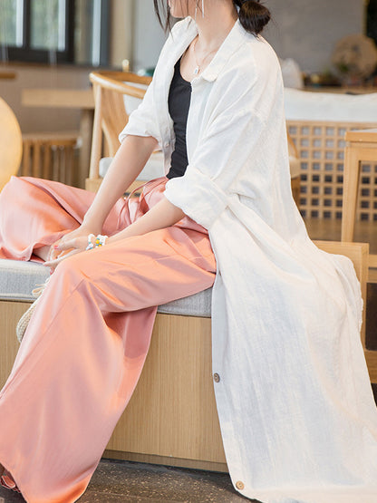 xakxx Artistic Retro Loose Simple Casual Solid Color Ramie Trench Coat