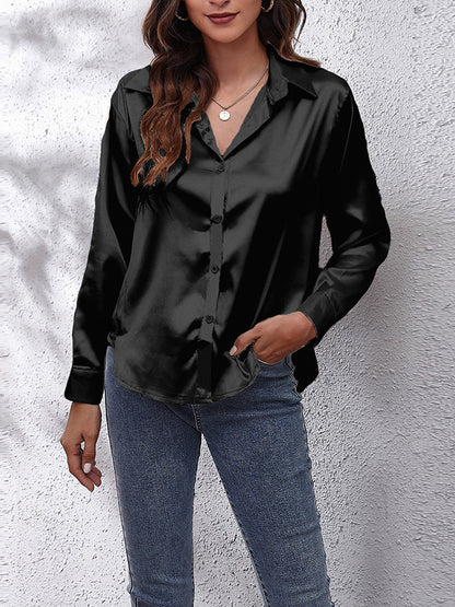 xakxx Long Sleeves Loose Solid Color Lapel Blouses